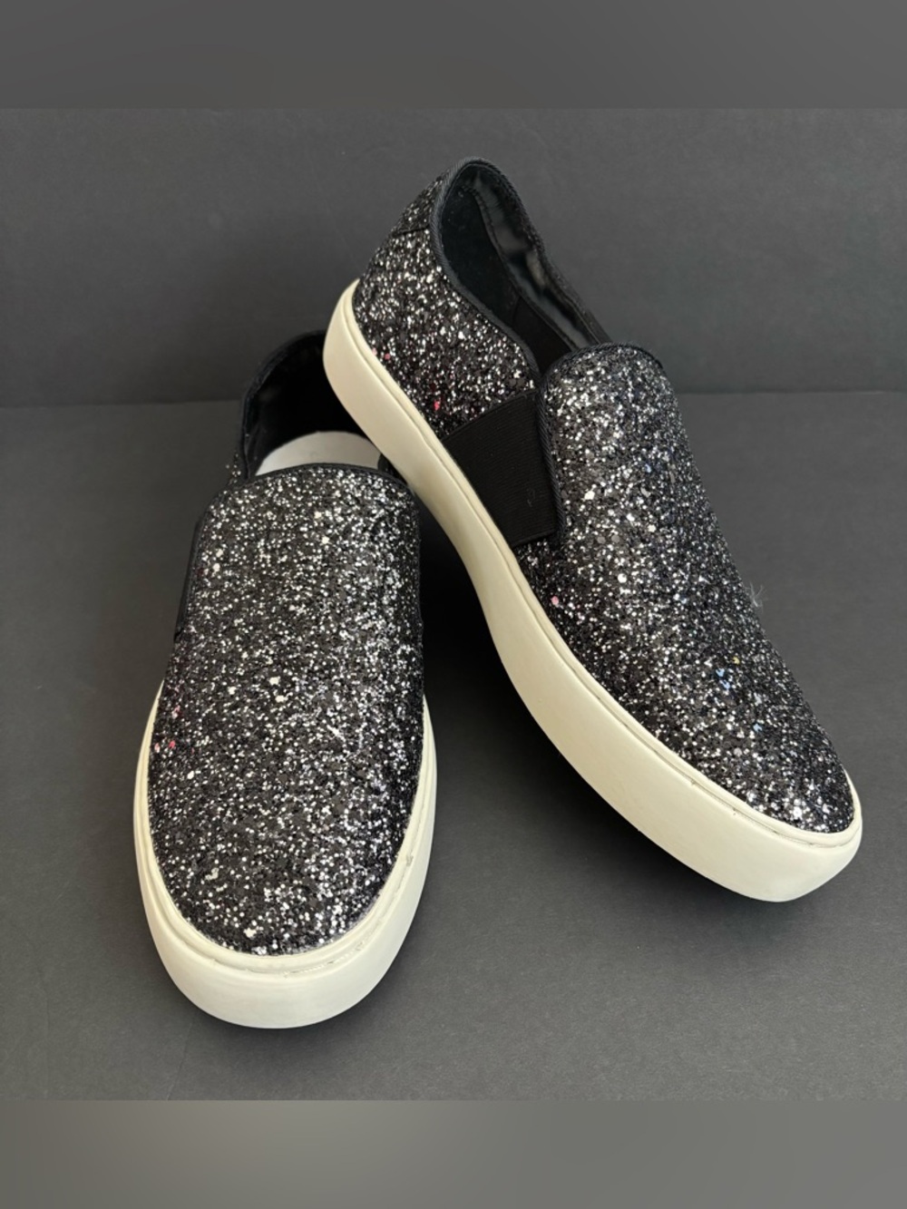 Marc Fisher Women’s Black Glitter Slip-On Sneakers with White Sole Size 9.5M